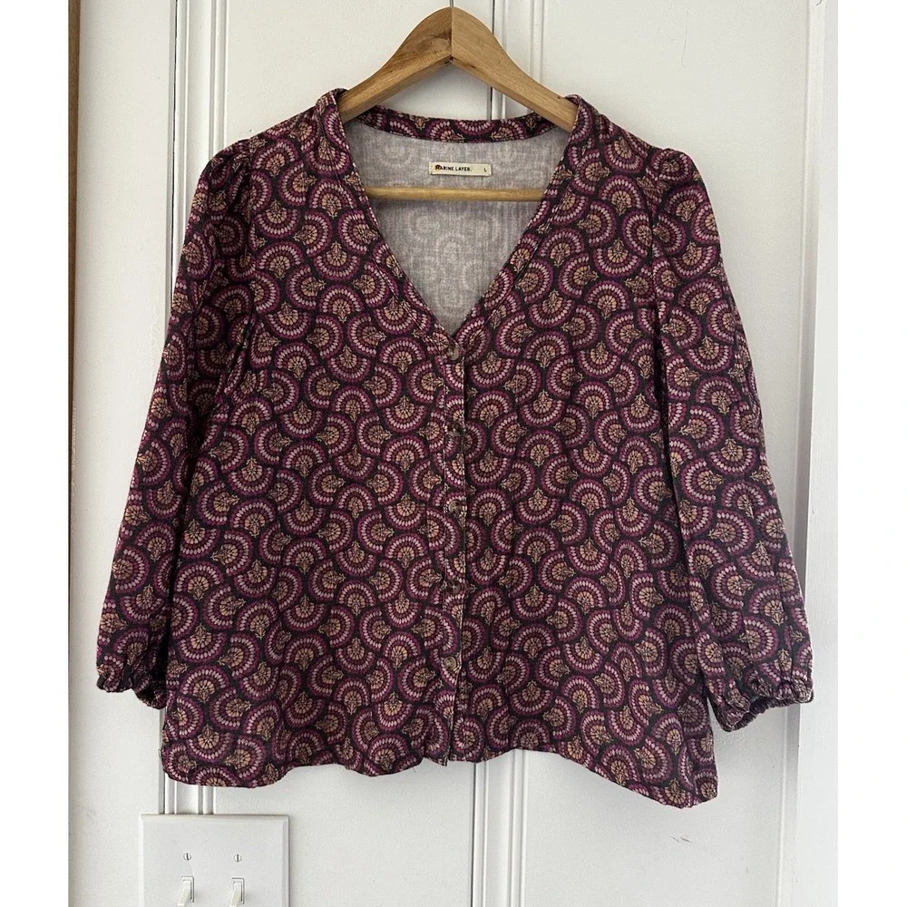 Marine Layer Cotton Button Front Blouse Large Boho Artisan Print - Picture 1 of 7